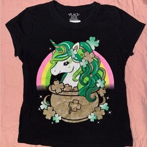 The Children's Place Black Tee with Green Unicorn and Gold Accents